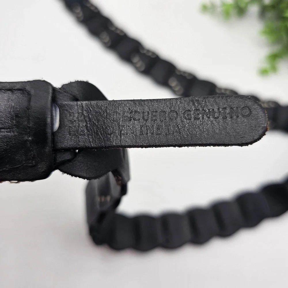 Leather Belt‎ Braided Studded Round Buckle Genuine Leather Black Women 44
